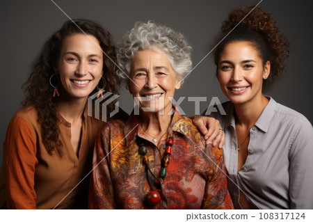 Half-length portrait of three charming Caucasian women of different ages. Two young girls and elderly gray-haired lady smile at camera while posing together. Family ties, mutual understanding. Half-length portrait of three charming Caucasian women of different ages. Two young girls and elderly gray-haired lady smile at camera while posing together. Family ties, mutual understanding. 108317124