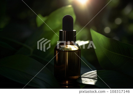 Styled Glass Dropper Bottle on Lush Green Botanical Backdrop: Ready-for-Branding Serum or Oil Packaging Mockup. Generative Ai. 108317146