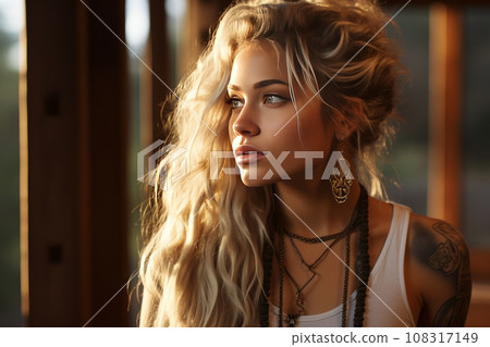Close-up portrait of beautiful young long-haired girl with tattoos wearing a fantasy costume. Character of Scandinavian cult and mystic pagan rituals, charming witch in a mysterious forest. Halloween. Close-up portrait of beautiful young long-haired girl with tattoos wearing a fantasy costume. Character of Scandinavian cult and mystic pagan rituals, charming witch in a mysterious forest. Halloween. 108317149
