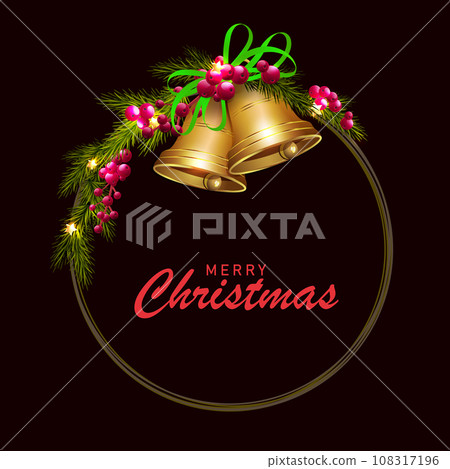 Isolated Christmas illustration element, wreath with golden bells 108317196