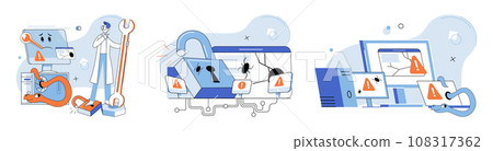 Malware spyware virus. Vector illustration. Warnings help users identify potential security risks and malware threats Errors in software clead to system vulnerabilities and infections Malicious Malware spyware virus. Vector illustration. Warnings help users identify potential security risks and malware threats Errors in software clead to system vulnerabilities and infections Malicious 108317362