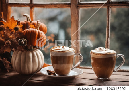 decoration for halloween holiday, still life, a cup of hot latte and pumpkins on a windowsill, beautiful autumn landscape outside the window, rural, festive background decoration for halloween holiday, still life, a cup of hot latte and pumpkins on a windowsill, beautiful autumn landscape outside the window, rural, festive background 108317392