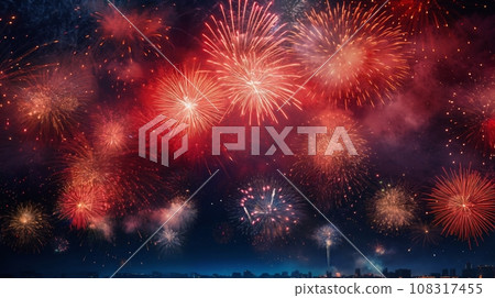 fireworks over night city sky, holiday background, bright colorful lights 108317455
