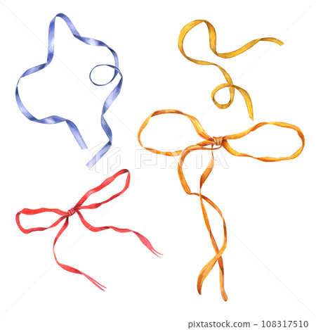 Set of colored bows with long ribbons. Blue, yellow, red ribbons. Watercolor illustration isolated on white. Hand drawn element for decorating gifts, flower bouquets. Birthday, Valentine day 108317510