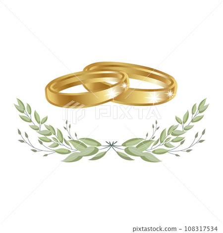 Gold wedding rings in a wreath of eucalyptus leaves. Wedding clipart, logo for invitation. Vector 108317534