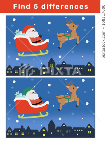 Spot the 5 differences between reindeer pulling Santa's sleigh Spot the 5 differences between reindeer pulling Santa's sleigh 108317600