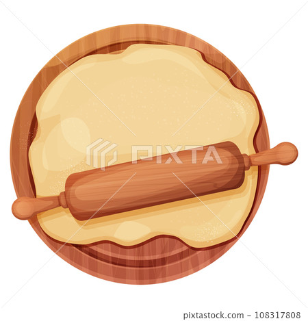Wooden rolling pin with dough and flour handle culinary equipment on cutting desk top view in cartoon style isolated on white background. Wood textured roller, utensil, baker recipe. 108317808
