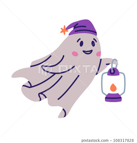Cute Ghost Character as Flying Poltergeist Creature in Night Cap with Lantern Vector Illustration 108317828