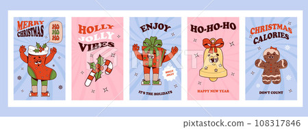 Christmas groovy cool posters. Retro cartoon characters Gingerbread man, xmas sock with gifts, toy bell and striped candy stick. Vibes 70s. Trendy New year greeting cards holly jolly vibes. 108317846