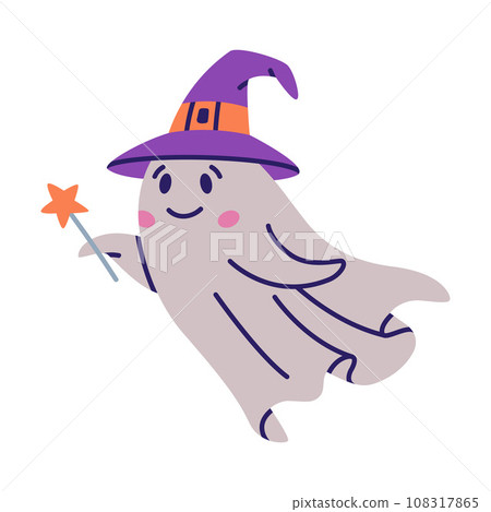 Cute Ghost Character as Flying Poltergeist Creature in Hat with Magic Wand Vector Illustration 108317865
