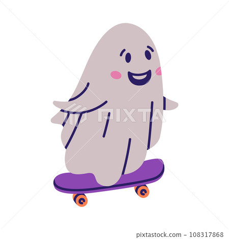 Cute Ghost Character as Flying Poltergeist Creature Ride Skateboard Vector Illustration Cute Ghost Character as Flying Poltergeist Creature Ride Skateboard Vector Illustration 108317868