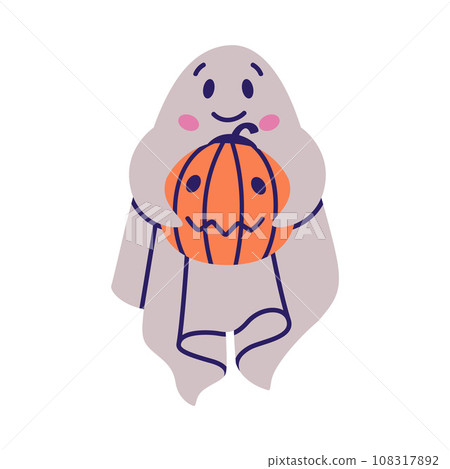 Cute Ghost Character Hold Pumpkin as Flying Poltergeist Creature Vector Illustration Cute Ghost Character Hold Pumpkin as Flying Poltergeist Creature Vector Illustration 108317892