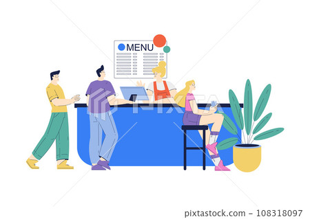 Man Character Standing at Fast Food Restaurant Counter Order Food Vector Illustration Man Character Standing at Fast Food Restaurant Counter Order Food Vector Illustration 108318097