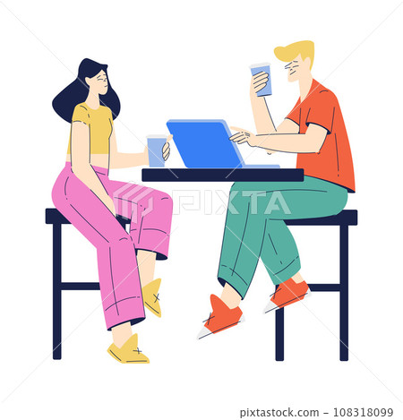 Man and Woman Character with Coffee Cup at Cafe Table with Laptop Enjoying Drink Vector Illustration Man and Woman Character with Coffee Cup at Cafe Table with Laptop Enjoying Drink Vector Illustration 108318099