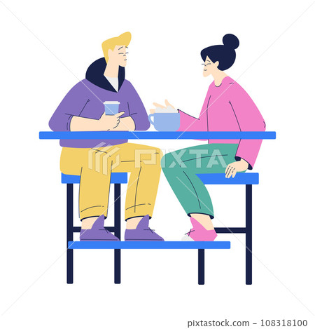 Man and Woman Character at Cafe Table with Coffee Enjoying Aromatic Drink Vector Illustration Man and Woman Character at Cafe Table with Coffee Enjoying Aromatic Drink Vector Illustration 108318100