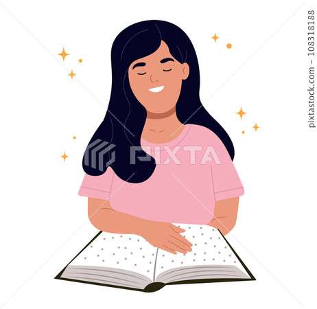 A smiling blind person reads something in Braille. International Day of the Blind A smiling blind person reads something in Braille. International Day of the Blind 108318188