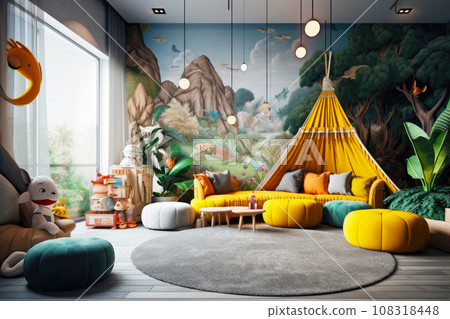 Stylish playroom interior with modern furniture, toys, games for kids 108318448