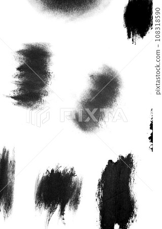 Abstract brush strokes of black paint on white surface. Different smears brush black oil paint isolated on white background. Art creative artistic creation element close up. Copy space, place text set Abstract brush strokes of black paint on white surface. Different smears brush black oil paint isolated on white background. Art creative artistic creation element close up. Copy space, place text set 108318590