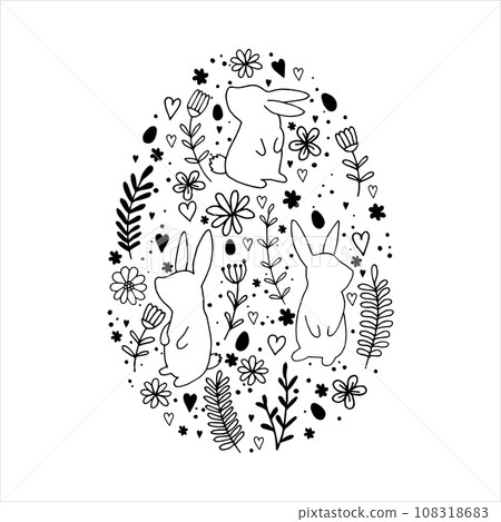 vector illustration. composition in the form of an Easter egg with cute Easter bunnies, hares, spring flowers and herbs. doodle style drawing, black and white line graphics 108318683