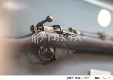 A metallic structure of old weapon rifle detailed design. A metallic structure of old weapon rifle detailed design. 108318723