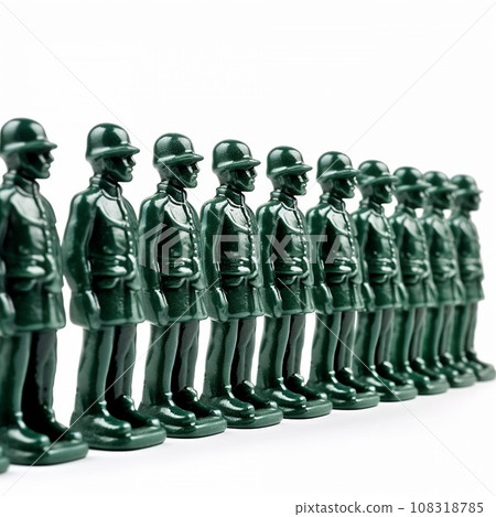 Many identical toy green soldiers in a row on a white background, the concept of militarization, army, weapons, military action 108318785
