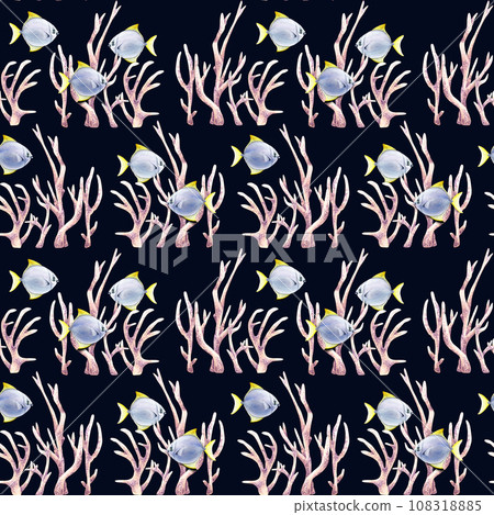 Seamless pattern with corals and exotic small fishes moonyfish. Watercolor illustration on dark backround for wrapping, fabric, textile 108318885