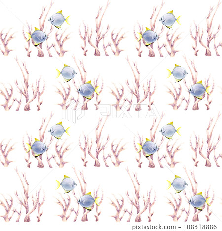 Seamless pattern with composition with corals and exotic fishes diamondfish. Watercolor illustration for fabric, textile 108318886