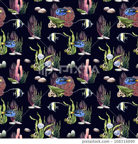 Seamless pattern with coralls and exotic fishes. Hand drawn watercolor illustration for wrapping, wallpaper, fabric, textile 108318890