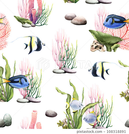 Watercolor seamless pattern with coralls, exotic fishes. Hand drawn illustration for wrapping, wallpaper, fabric, textile 108318891