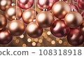 Closeup Pink, Gold Christmas Hanging Baubles. Collection of New Year Balls, Background. Lights, Bokeh Generative AI 108318918