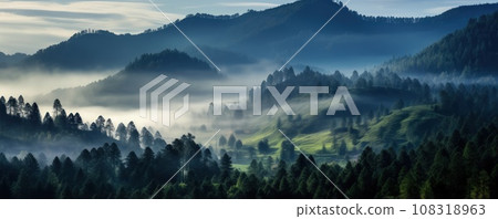 Fog conceals details of mountains with trees inviting greater sense of wonder with mystery 108318963
