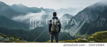 Lonely man enjoying view of the summer foggy mountains while he standing on a mountain peak. Lonely man enjoying view of the summer foggy mountains while he standing on a mountain peak. 108318964