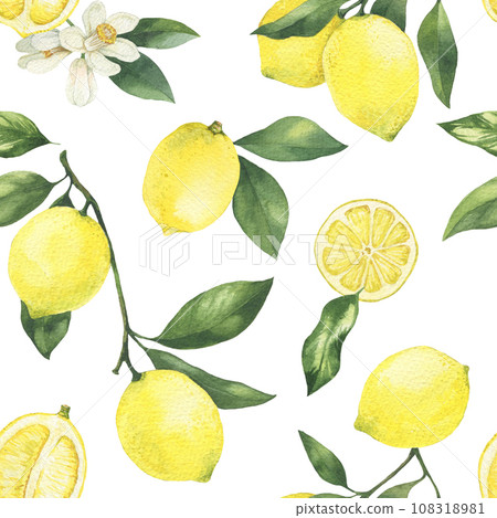 Hand drawn watercolor lemon illustration. Seamless pattern with lemons, flowers and leaves. For textile, packaging, decor, invitations. 108318981
