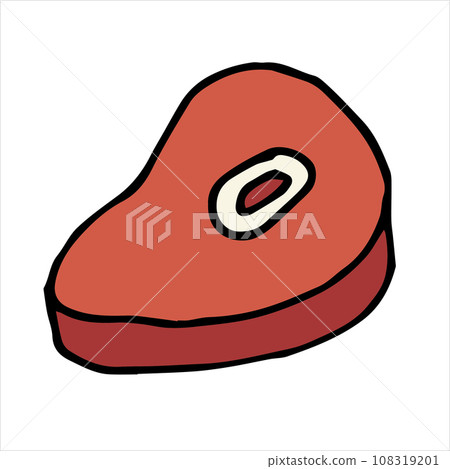 vector doodle, cartoon style drawing. a piece of meat, beef or pork steak. cute food drawing isolated on white background vector doodle, cartoon style drawing. a piece of meat, beef or pork steak. cute food drawing isolated on white background 108319201