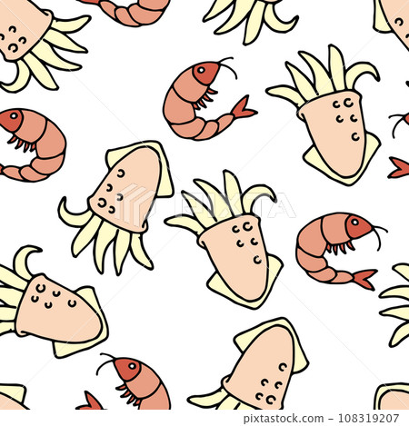 Seamless vector pattern. seafood, squid and shrimp isolated on white background. Cute cartoon pattern background. seafood, healthy eating, meat-free diet 108319207