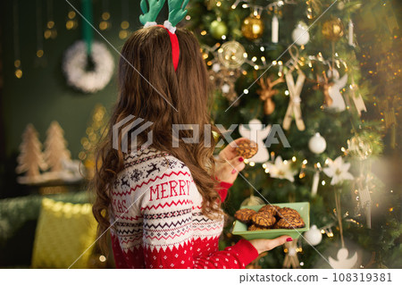 Seen from behind elegant housewife at modern home Seen from behind elegant housewife at modern home 108319381