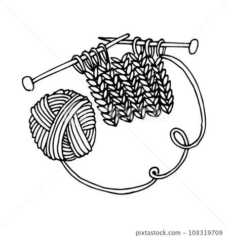 vector drawing in the style of doodle. knitting. clew for knitting and knitting needles, crochet. hobby symbol, needlework, homework. vector drawing in the style of doodle. knitting. clew for knitting and knitting needles, crochet. hobby symbol, needlework, homework. 108319709