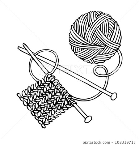 vector drawing in doodle style. a ball of wool and knitting needles. knitting, crochet, hobby vector drawing in doodle style. a ball of wool and knitting needles. knitting, crochet, hobby 108319715