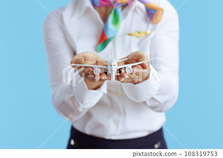 Closeup on elegant female flight attendant on blue Closeup on elegant female flight attendant on blue 108319753