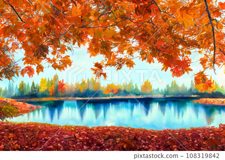 森林與湖泊與秋葉的插圖 108319842