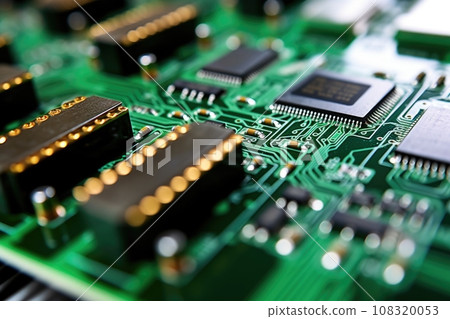 macro shot of printed circuit boards with capacitors 108320053