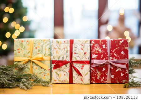 close up of gift boxes wrapped in holiday-themed paper 108320118