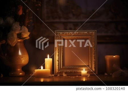lit candles casting light on a photo frame lit candles casting light on a photo frame 108320140