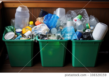 recycling bins sorted by plastic, glass, and paper 108320159