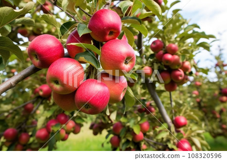 ripe apples hanging on a tree in an organic farm 108320596