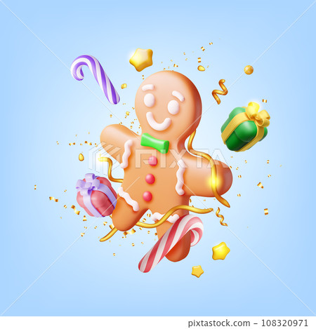 3D Holiday Gingerbread Man Cookie and Confetti. 108320971