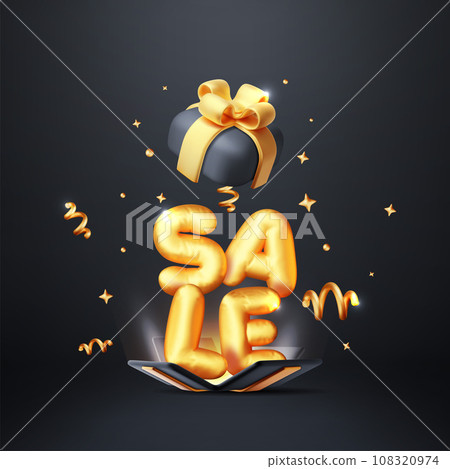 3D Gift Box With Sale Balloon and Falling Confetti 3D Gift Box With Sale Balloon and Falling Confetti 108320974