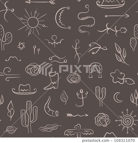 Western hand drawn line elements seamless pattern. Wild west ethnic dark background. Western hand drawn line elements seamless pattern. Wild west ethnic dark background. 108321070