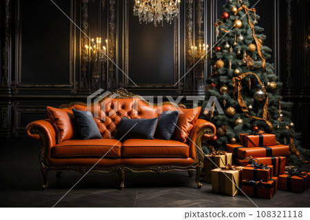 Christmas background with Christmas tree, gifts and sofa against a wall 108321118