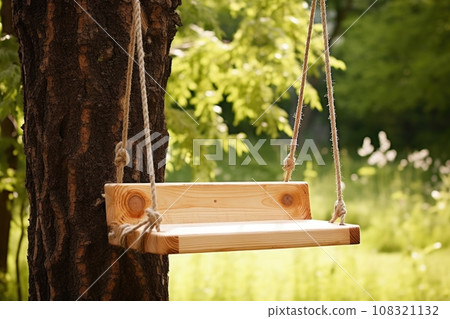 homemade wooden swing hanging from a tree 108321132